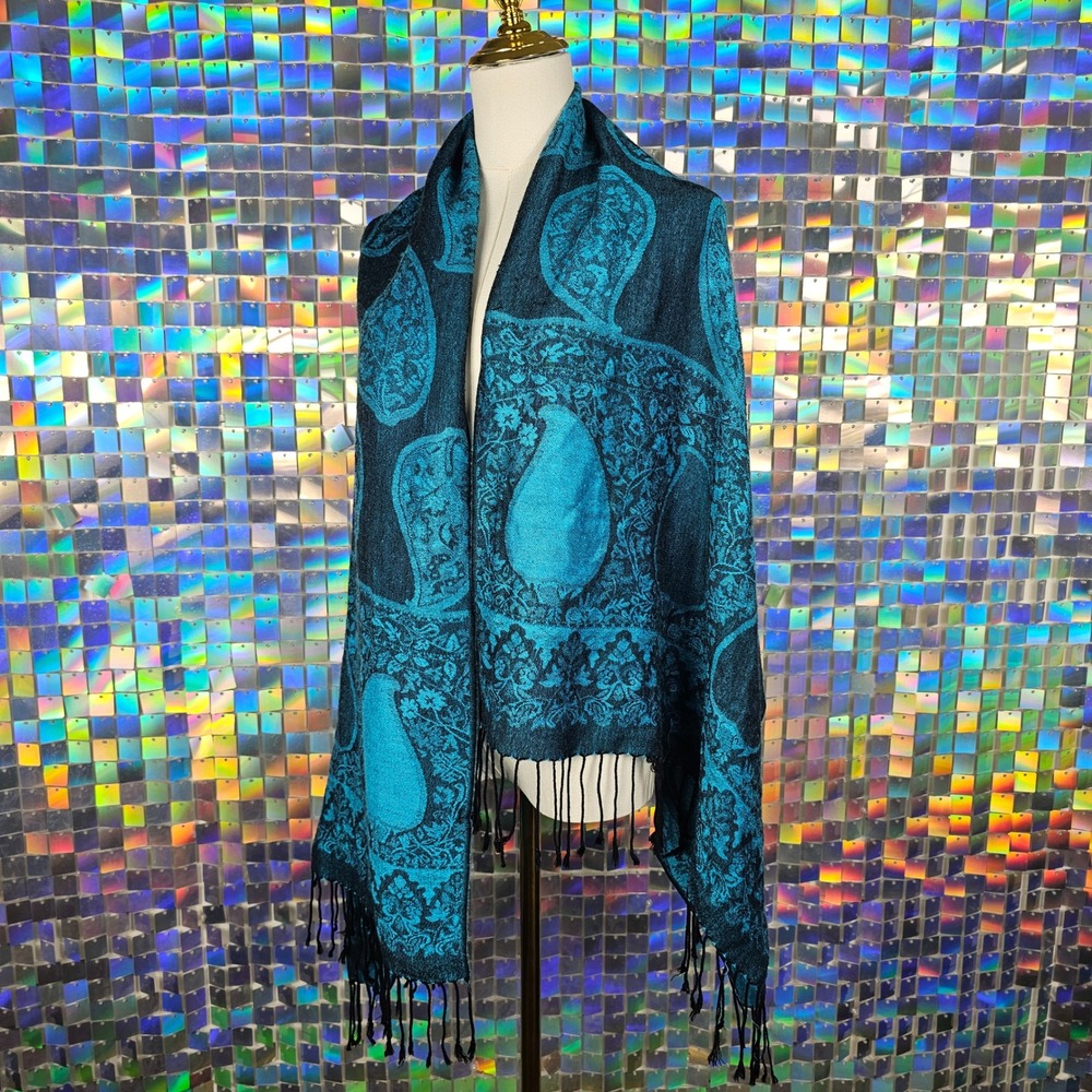 Pashmina Shawl Womens OS Teal Black Paisley Fringe Wrap Excellent Festival Rave